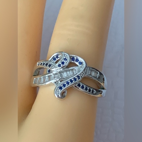 Enhanced Blue Sapphire And Cubic Zirconia Accent Swirled Heart Ring in Sterling - Picture 1 of 13